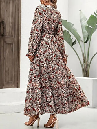 Reka Moda Kadın Uzun Kollu V Yakalı Beli Lastikli Desenli Süprem Elbise