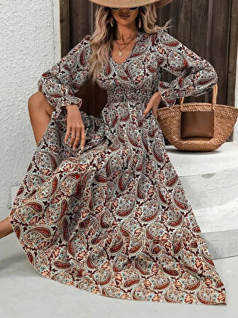 Reka Moda Kadın Uzun Kollu V Yakalı Beli Lastikli Desenli Süprem Elbise