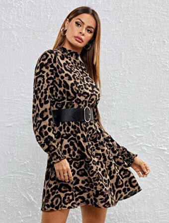 Reka Moda Kadın Yarım Balıkçı Yaka Uzun Kollu Leopar Desen Mini Elbise