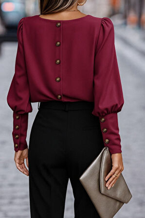Reka Moda Kadın Uzun Kollu Yuvarlak Yakalı Düğmeli Ithal Krep Bluz
