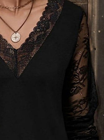 Reka Moda Kadın Uzun Kollu V Dantel Yakalı Viskon Bluz