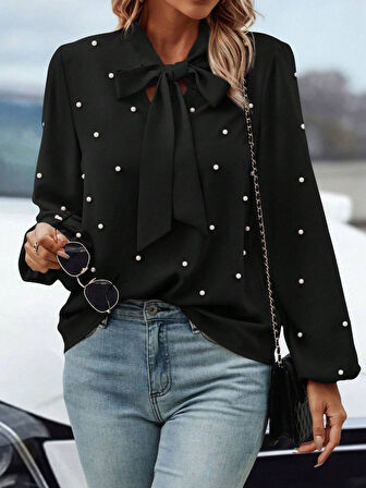 Reka Moda Kadın Uzun Kollu Yakadan Fiyonklu Incili Ithal Krep Bluz