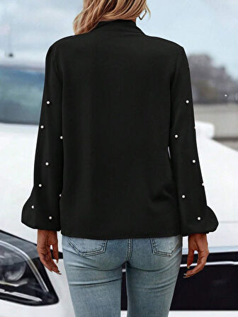 Reka Moda Kadın Uzun Kollu Yakadan Fiyonklu Incili Ithal Krep Bluz