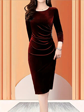 Reka Moda Kadın Uzun Kollu Bot Yaka Yanı Taş Detaylı Midi Kadife Elbise