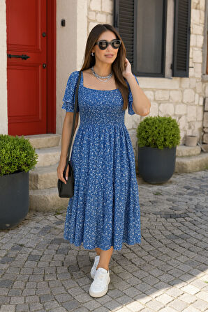 Reka Moda Kadın Kısa Kollu Gipe Detaylı Desenli Midi Süprem Elbise