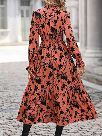 Reka Moda Kadın Uzun Kollu Kruvaze Yakalı çiçek Desenli Maksi Süprem Elbise