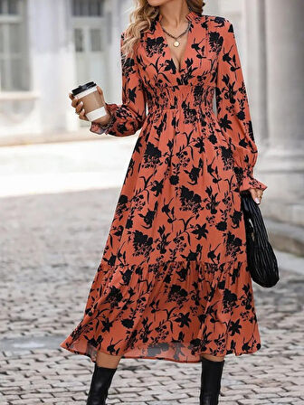 Reka Moda Kadın Uzun Kollu Kruvaze Yakalı çiçek Desenli Maksi Süprem Elbise