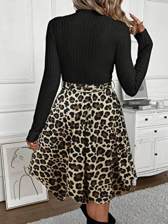 Reka Moda Kadın Uzun Kollu Balıkçı Yaka Belden Bağlamalı üst Kaşkorse Eteği Dalgıç Elbise