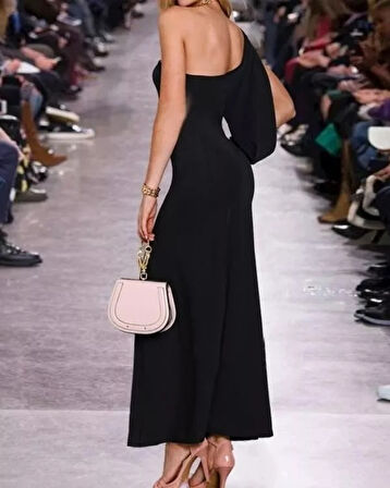 Reka Moda Tek Omuz Açık Derin Yırtmaçlı Krep Tam Boy Elbise