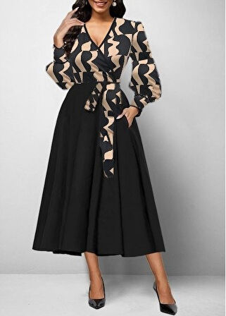 Reka Moda Kadın Uzun Kollu Kruvaze Yaka Dalgıç Krep Midi Boy Elbise