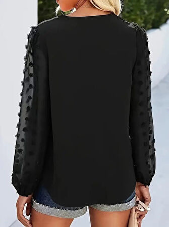 Reka Moda Kadın Uzun Kollu V Yakalı Kolları Popon Detaylı Sandy Bluz