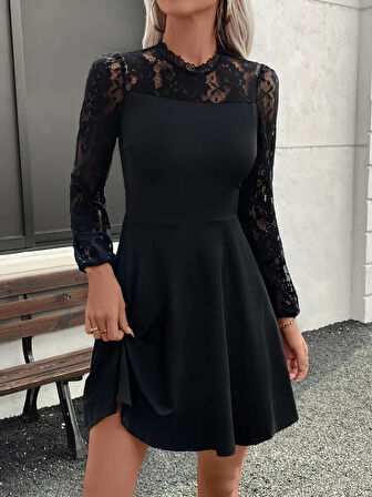Reka Moda Kadın Uzun Kollu Dantelli Kloş Mini Ithal Krep Elbise