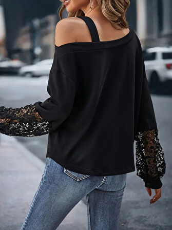 Reka Moda Kadın Uzun Kollu Tek Omuzu Açık Dantelli Viskon Iki Iplik Bluz
