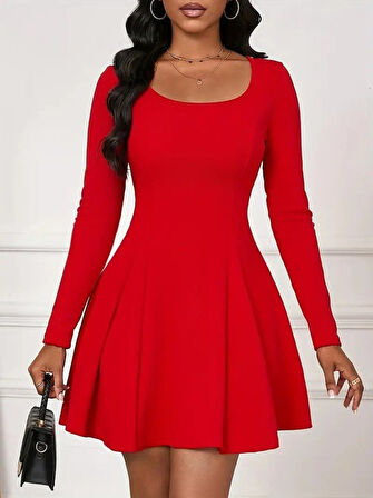 Reka Moda Kadın Uzun Kollu Kare Yakalı Mini Ithal Krep Elbise