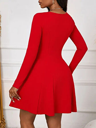 Reka Moda Kadın Uzun Kollu Kare Yakalı Mini Ithal Krep Elbise