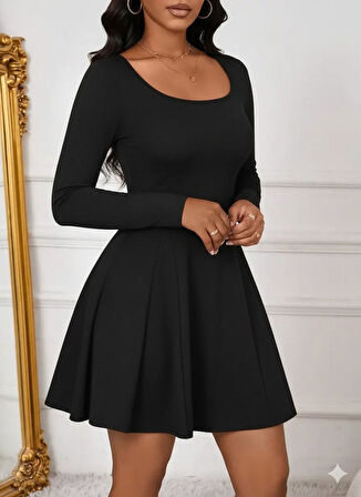 Reka Moda Kadın Uzun Kollu Kare Yakalı Mini Ithal Krep Elbise