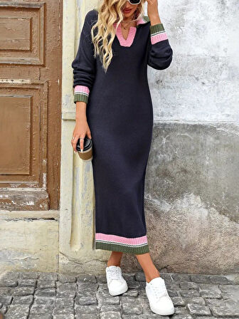 Reka Moda Kadın Uzun Kollu Yakalı çok Renkli Triko Uzun Elbise