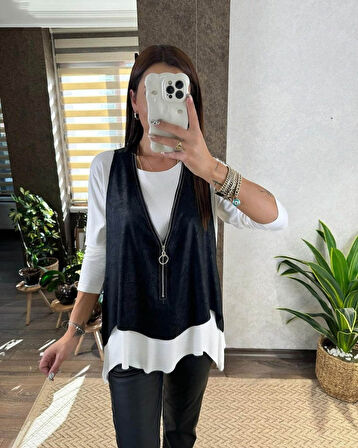 Reka Moda Kadın Uzun Kollu Asimetrik Kesim Viskon Bluz Ve çatlak Deri Görünümlü Yelek Ikili Takım