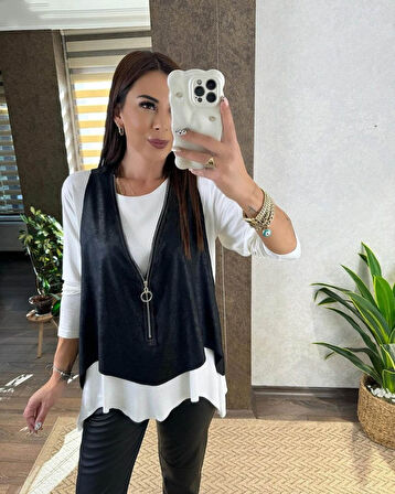 Reka Moda Kadın Uzun Kollu Asimetrik Kesim Viskon Bluz Ve çatlak Deri Görünümlü Yelek Ikili Takım