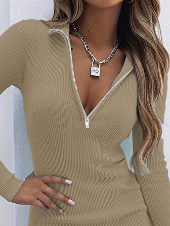 Reka Moda Kadın Uzun Kollu önden Fermuarlı Mini Kaşkorse Elbise