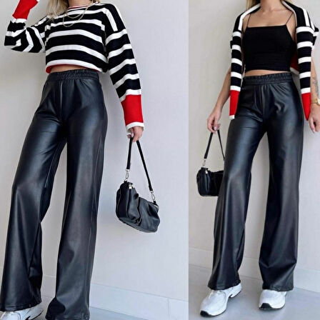 Reka Moda Kadın Yüksek Bel Beli Lastikli Geniş Paçalı Deri Pantolon