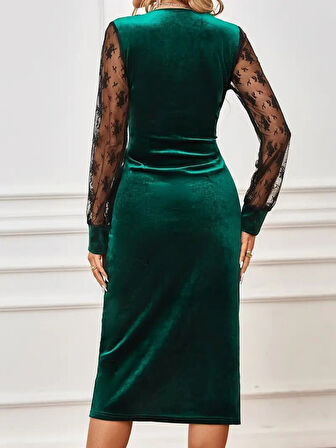 Reka Moda Kadın Uzun Kollu Kruvaze Yakalı Yandan Düğmeli önden çapraz Kesin Detaylı Midi Kadife Elbise