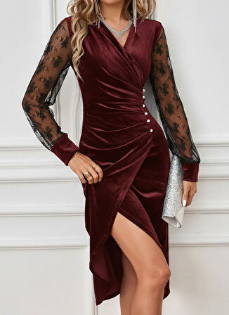 Reka Moda Kadın Uzun Kollu Kruvaze Yakalı Yandan Düğmeli önden çapraz Kesin Detaylı Midi Kadife Elbise