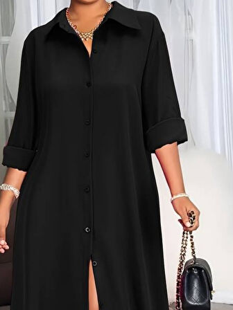 Reka Moda Kadın Uzun Kollu Yakalı önden Düğmeli Uzun Dokuma Elbise