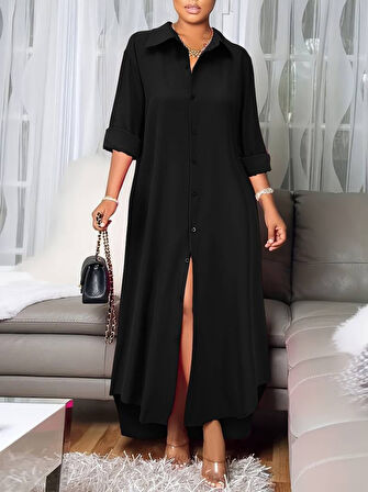 Reka Moda Kadın Uzun Kollu Yakalı önden Düğmeli Uzun Dokuma Elbise