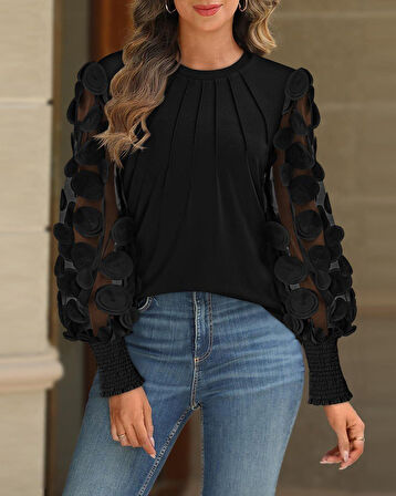 Reka Moda Kadın Uzun Kollu Bisiklet Yaka Kolları Tül Detaylı Nervürlü Ithal Krep Bluz