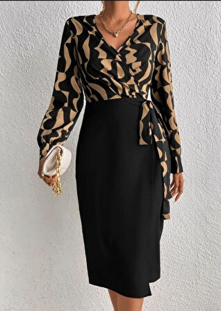 Reka Moda Kadın Uzun Kollu Kruvaze Yaka Dijital Baskılı Fiyonk Detay Atlas Kumaş Elbise