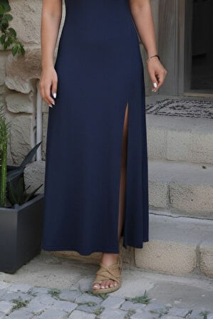 Reka Moda Kadın Askılı V Yakalı Yırtmaçlı Uzun Viskon Elbise