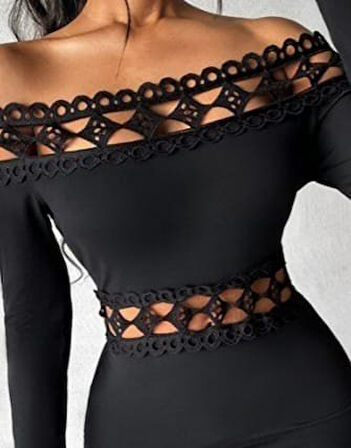 Reka Moda Kadın Uzun Kollu Madonna Dantel Yaka Yırtmaçlı Midi Dalgıç Elbise