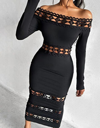 Reka Moda Kadın Uzun Kollu Madonna Dantel Yaka Yırtmaçlı Midi Dalgıç Elbise