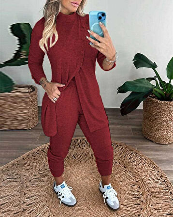 Reka Moda Kadın Uzun Kollu Balıkçı Yaka önden Düğmeli Bluz Ve Pantolon Yumoş Ikili Takım