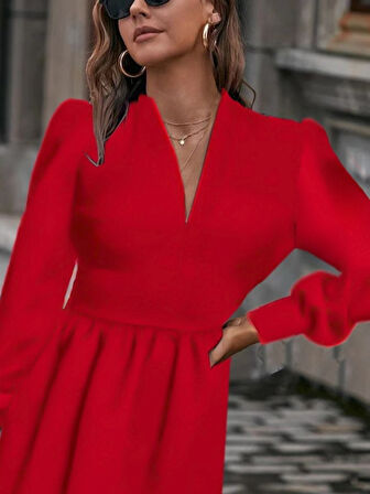 Reka Moda Kadın Uzun Kollu V Yaka Belden Hafif Pileli Scuba Krep Mini Boy Elbise