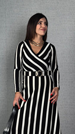 Reka Moda Kadın Uzun Kollu Kruvaze Yaka Kemer Dahil çizgili Triko Elbise