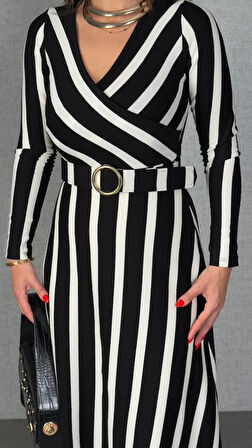 Reka Moda Kadın Uzun Kollu Kruvaze Yaka Kemer Dahil çizgili Triko Elbise