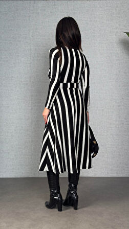 Reka Moda Kadın Uzun Kollu Kruvaze Yaka Kemer Dahil çizgili Triko Elbise