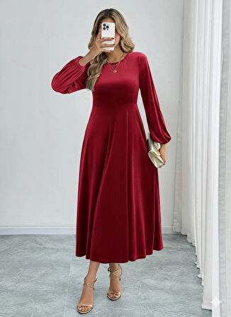 Reka Moda Kadın Uzun Kollu Bisiklet Yaka Midi Kadife Elbise