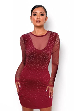 Reka Moda Kadın Uzun Kollu Yuvarlak Yaka Dekolteli Taşlı Dalgıç Elbise