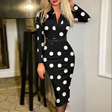 Reka Moda Kadın Uzun Kollu V Yaka Puantiyeli Krep Midi Boy Elbise