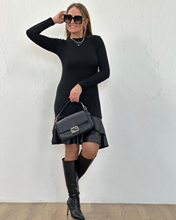 Reka Moda Kadın Uzun Kollu Bisiklet Yaka üst Viskon Etek Ucu Deri Kısa Elbise