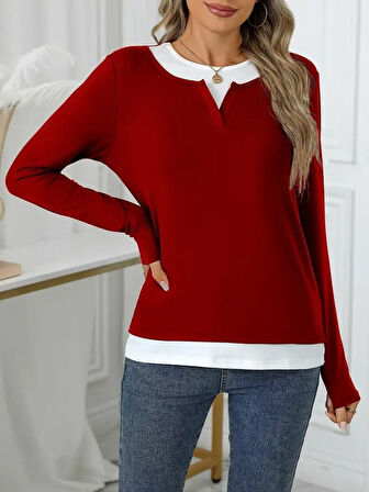 Reka Moda Kadın Uzun Kollu V Yakalı çift Renkli Viskon Iki Iplik Bluz