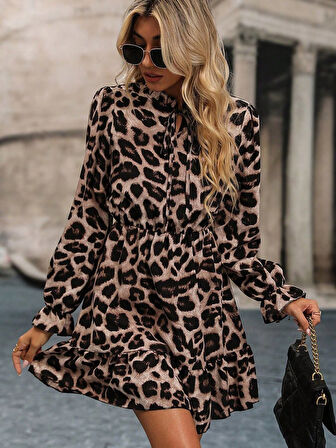 Reka Moda Kadın Uzun Kollu Yakadan Bağcıklı Modal Leopar Desenli Mini Elbise
