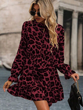 Reka Moda Kadın Uzun Kollu Yakadan Bağcıklı Modal Leopar Desenli Mini Elbise