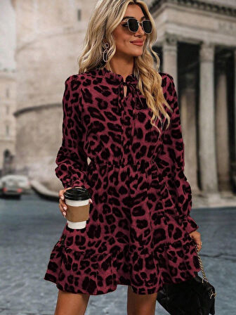 Reka Moda Kadın Uzun Kollu Yakadan Bağcıklı Modal Leopar Desenli Mini Elbise