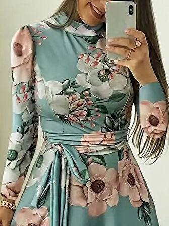 Reka Moda Kadın Uzun Kollu Yuvarlak Yakalı Beli Kuşaklı Desenli Süprem Uzun Elbise