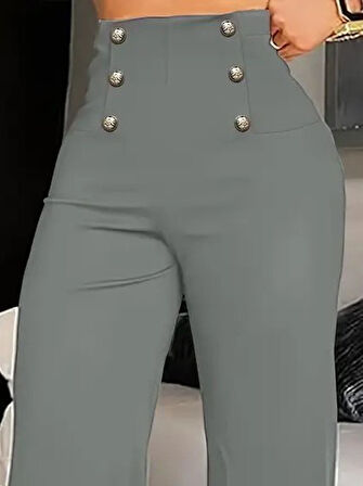 Reka Moda Kadın Yüksek Bel önden Düğmeli Uzun Paçaya Doğru Geniş Ithal Krep Pantolon