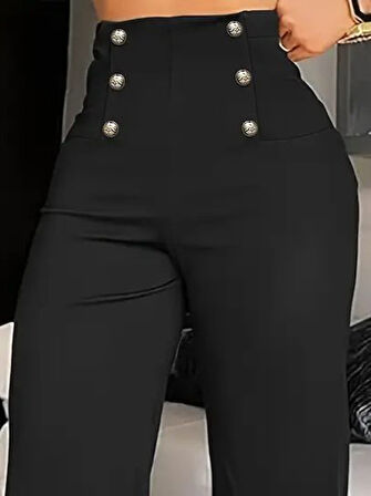 Reka Moda Kadın Yüksek Bel önden Düğmeli Uzun Paçaya Doğru Geniş Ithal Krep Pantolon